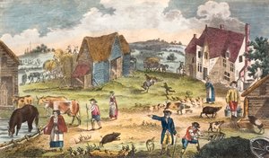 Maalaismainen pihamaisema (värillinen kaiverrus) tekijältä English School