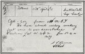 SOS-viesti, jonka venäläinen höyrylaiva Birma vastaanotti noin viisi minuuttia sen jälkeen, kun Titanic törmäsi jäävuoreen 15. huhtikuuta 1912 "The Sphereltä", 4. toukokuuta 1912. tekijältä English School