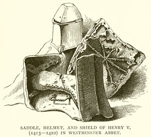 Henry V:n (1413--1422) satula, kypärä ja kilpi Westminster Abbeyssa tekijältä English School