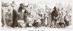 Samson Selling Indulgences, kuvitus James Aitken Wylien (1808-1890) Protestantismin historiasta, pub. 1878 tekijältä English School
