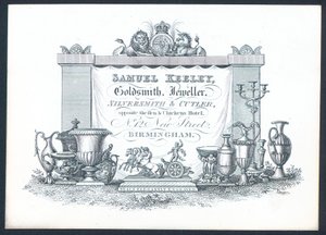 Samuel Keeley, Goldsmith, Jeweller, Silversmith & Cutler, kauppakortti tekijältä English School