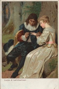 Kohtaus Gaetano Donizettin traagisesta oopperasta Lucia di Lammermoor (chromolitho) tekijältä English School
