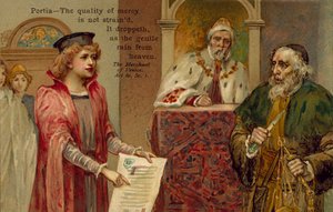 Kohtaus William Shakespearen Venetsian kauppias -teoksesta (värilitografia). tekijältä English School