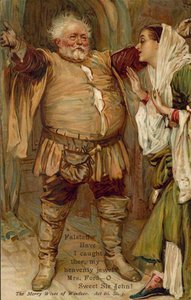 Kohtaus William Shakespearen "Wndsorin iloiset vaimot" -teoksesta (värilitografia). tekijältä English School