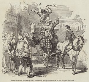 Kohtaus uudesta draamasta "Belhegor, Mountebank" Adelphi-teatterissa (kaiverrus) tekijältä English School