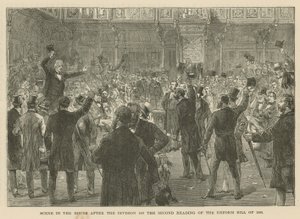 Kohtaus alahuoneessa vuoden 1866 uudistuslain toisen käsittelyn jakautumisen jälkeen tekijältä English School