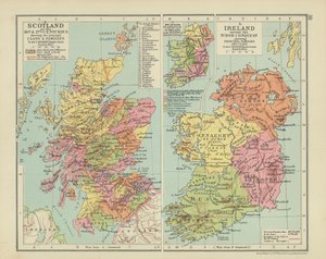 Skotlanti 16. ja 17. vuosisadalla ja tärkeimmät klaanit ja suvut (värilitografia). tekijältä English School