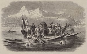 Hylkeen kalastus Kingigtorssuakissa, Grönlannissa (kaiverrus) tekijältä English School
