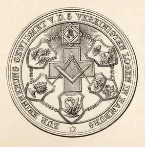 Hampurin vapaamuurarien sinetti, julkaisusta "The History of Freemasonry, osa III", julkaisija Thomas C. Jack, Lontoo, 1883 tekijältä English School