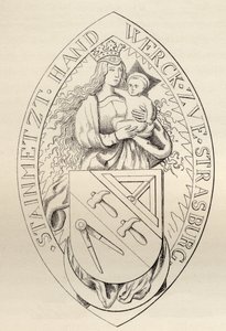 Strasbourgin vapaamuurareiden sinetti vuodelta 1524, teoksesta "The History of Freemasonry, volume II", julkaissut Thomas C. Jack, Lontoo, 1883. tekijältä English School