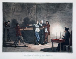 Inkvisition kidutuksen toinen aste, kaiverrus L.C. Stadler, pubi. kirjoittanut Cadell & Davies, Lontoo, n. 1813 (värikaiverrus) tekijältä English School