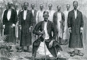 Sekebobo Chagwen päällikkö, Mtesa Ugandan päällikkö, Chambarango ja Pokino pääministeri (kaiverrus) tekijältä English School