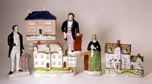 Valikoima nimettyjä Staffordshiren hahmoja: Stanfield Hall; potaskan maatila; Palmerin talo; Emily Sandford; James Bloomfield Rush; William Palmer, n. 1849 (keraaminen) tekijältä English School