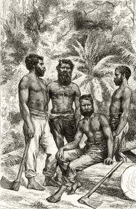 Puolisivistyneet Victorian aborigines, Howard Willoughbyn "Australian Pictures" -julkaisusta, julkaisija Religious Tract Society, Lontoo, 1886 tekijältä English School