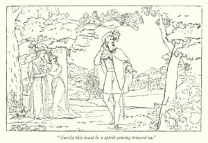 Shakespearen Myrsky; Ferdinand johtaa Arielin laulu (kaiverrus) tekijältä English School