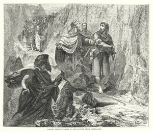 Shimei kiroilee Daavidia hänen lennossaan Jerusalemista (kaiverrus) tekijältä English School