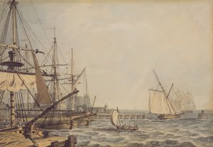 Laivaliikenne Hull-joen suulla, 1800-luvun alku (lyijykynä, tussi, muste ja vesiväri paperille). tekijältä English School
