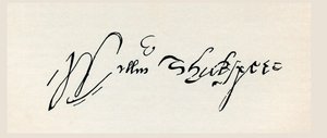 William Shakespearen allekirjoitus, teoksesta "The Works of William Shakespeare", julkaistu 1896 (kaiverrus) tekijältä English School
