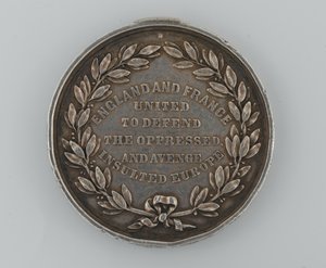 Hopeinen isänmaallisen rahaston mitali Englannin ja Ranskan liittouman muistoksi 1854, jonka myönsi Doverin pormestari, 1855 tekijältä English School