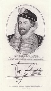 Sir Christopher Hatton, Englannin lordikansleri ja kuningatar Elizabeth I:n suosikki (kaiverrus) tekijältä English School