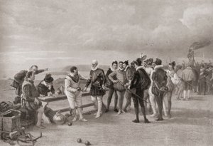 Sir Francis Drake pelaa kulhoja espanjalaisen Armadan kanssa Plymouth Hoessa Englannissa vuonna 1588. tekijältä English School