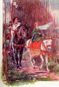 Sir Lancelot ja kuningatar Guinevere. Värillinen kuvitus kirjasta The Gateway to Tennyson, joka julkaistiin vuonna 1910. tekijältä English School