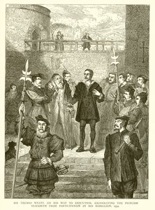 Sir Thomas Wyatt matkalla telotukseen vapauttaen prinsessa Elizabethin osallistumisesta hänen kapinaansa, 1554 tekijältä English School