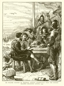 Sir Walter Raleigh Trinidadissa, saamassa tietoja espanjalaisilta Guayanasta, 1595 tekijältä English School