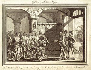 Sir Walter Raleigh vapauttaa viisi Intian kuningasta, jotka olivat kaikki sidoksissa toisiinsa (kaiverrus). tekijältä English School