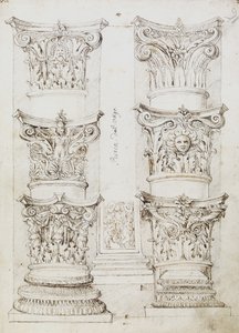 Six Capitals, a Lesene ja Two Column Bases, Folio 1, The Master of the Oxford Album, n. 1512-1717 (kynä ja tummanruskea muste) tekijältä English School