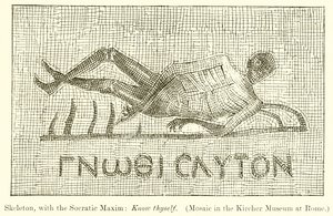 Luuranko Sokraattisen Maximin kanssa: Tunne itsesi. (Mosaiikki Kircher-museossa Roomassa) tekijältä English School