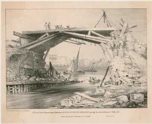 Luonnos Old London Bridgestä sen purkamisen aikana 1831, 1832 tekijältä English School