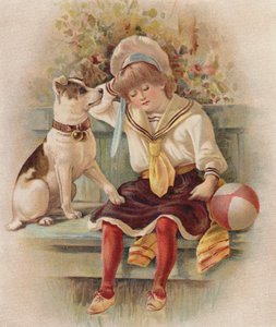 Nukkuva tyttö ja hänen koiransa (chromolitho) tekijältä English School