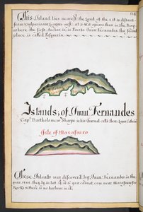 Sloane MS 44, f.269v, Juan Fernándezin kartta William Hackin South Sea Wagonerissa tekijältä English School