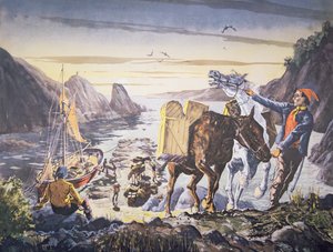 Salakuljettajat lastaamassa salakuljetusta poneilleen sisämaamatkaa varten (litho) tekijältä English School