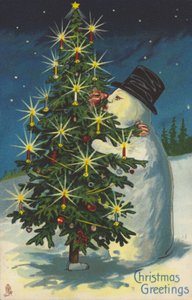 Lumiukko ja joulukuusi suutelevat (chromolitho) tekijältä English School