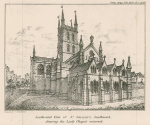 Kaakkoisnäkymä St Saviors Churchista Southwarkissa, jossa näkyy kunnostettu Lady Chapel tekijältä English School