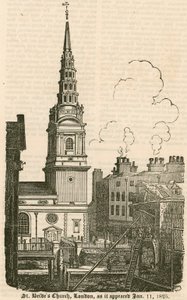 St Brides Church, Fleet Street, Lontoo, sellaisena kuin se ilmestyi 11. tammikuuta 1825 tekijältä English School