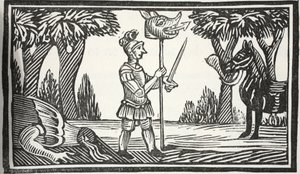 St George lohikäärmeiden pään kanssa, kuvitus John Ashtonin kirjasta Chap-books of the Eightenth Century, pubi. 1882 tekijältä English School