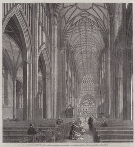 St Mary Redcliffe, Bristol, restaurointiprosessissa arkkitehti G Godwinin johdolla (kaiverrus) tekijältä English School