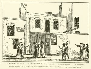 Talli, jossa Cato Streetin salaliittolaiset tapasivat, Observerilta, 5. maaliskuuta 1820 (kaiverrus) tekijältä English School