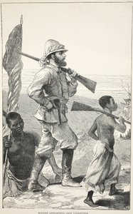 Stanley lähestyy Tanganyika-järveä, kuvitus J. Ewing Richien David Livingstonen elämän ja löytöjen kuvapainoksesta, pub. kirjoittanut A. Fullarton & Co., 1876 tekijältä English School