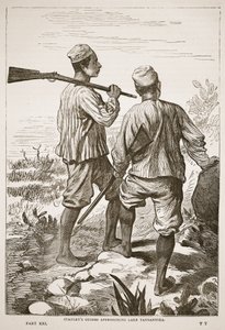 Stanleys opastaa lähestymässä Tanganyika-järveä, kuvitus J. Ewing Richien David Livingstonen elämän ja löytöjen kuvapainoksesta, pub. kirjoittanut A. Fullarton & Co., 1876 tekijältä English School
