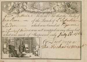 Lausunto, että Ann Slone haudattiin lampaan villaan, 1784