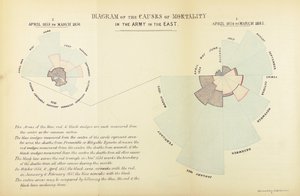 Florence Nightingalen keksimä tilastokaavio osoittaakseen sairauksien vallitsevan kuolleisuuden syynä brittiarmeijassa Krimin sodan aikana, huhtikuusta 1854 maaliskuuhun 1855 ja huhtikuusta 1855 äitiin. tekijältä English School