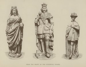 Kuningatar Elisabet I:n, kuningas Kaarle I:n ja kuningas Edward VI:n patsaat Guildhallin kappelin edestä Lontoon Cityssä tekijältä English School