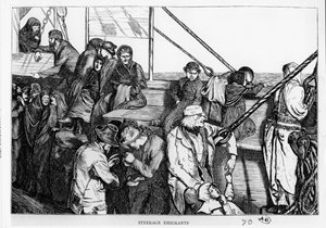 Steerage Emigrants matkustaja-aluksen kannella Euroopasta uuteen maailmaan, n. 1870 tekijältä English School