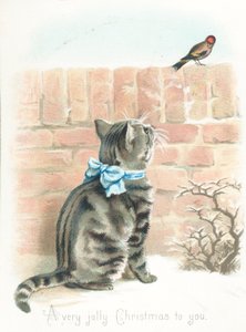 Tabby Cat katselee peippo seinällä, joulukortti tekijältä English School