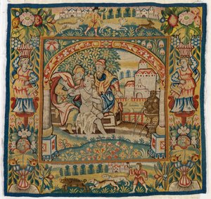 Tapestrytyynynpäällinen, joka kuvaa Susannahia kylpylässä (yksi kuudesta Sheldon Tapestries -sarjasta, 47,9-47,14), valmistettu Sheldonissa Englannissa, jos se on aito tekijältä English School