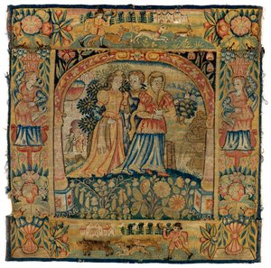 Kuvakudostyynynpäällinen, joka kuvaa Susannan matkalla kylpyyn, valmistettu Sheldonissa, Englannissa, vuoden 1600 jälkeen (villa) tekijältä English School